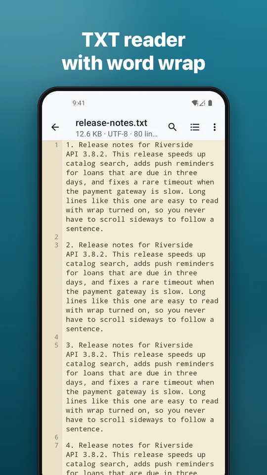 Screenshot: TXT reader with word wrap